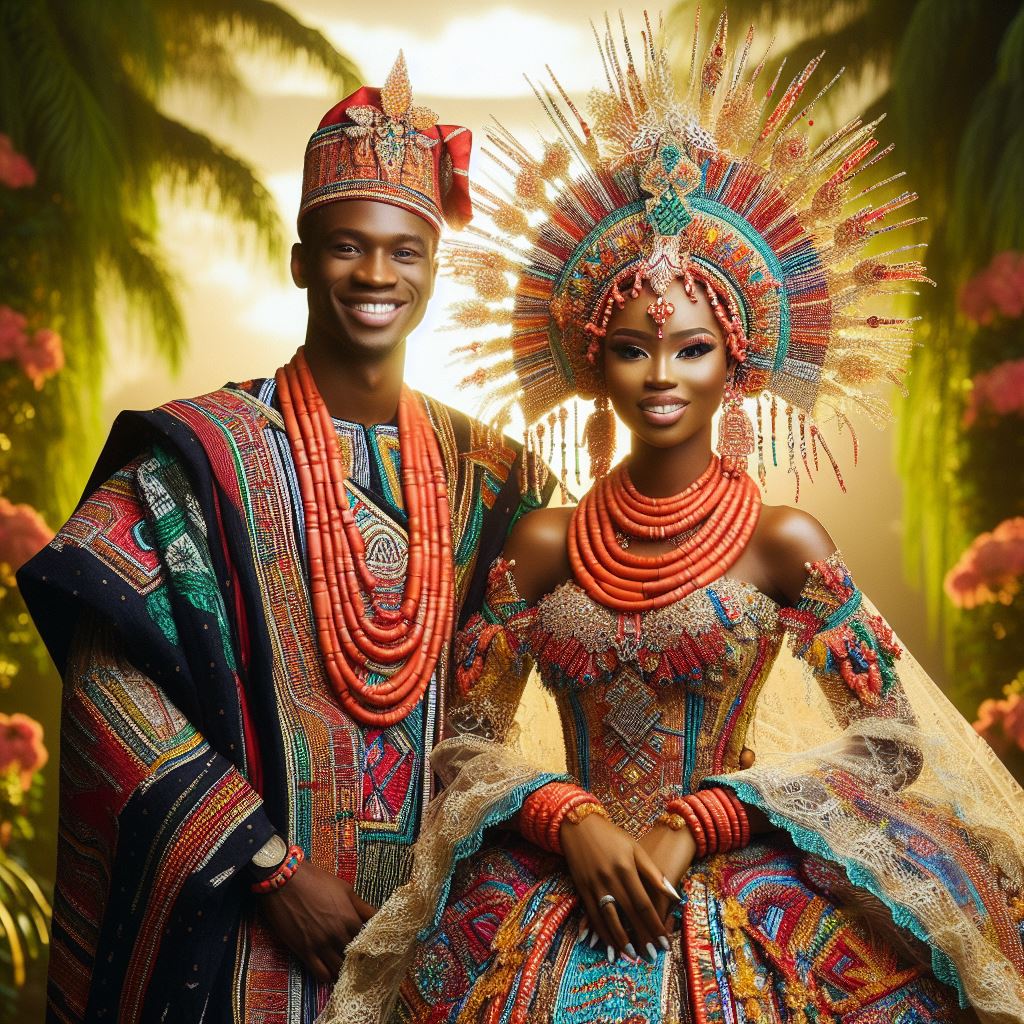 Nigerian couple dressed in traditional attire.
