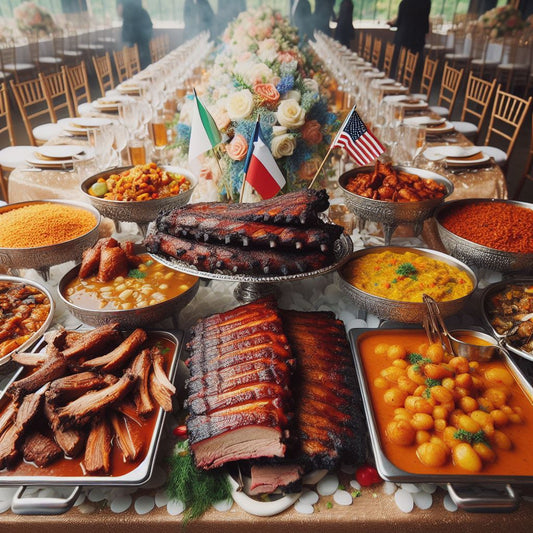 wedding banquet table adorned with dishes representing both Texan and Nigerian cuisines.