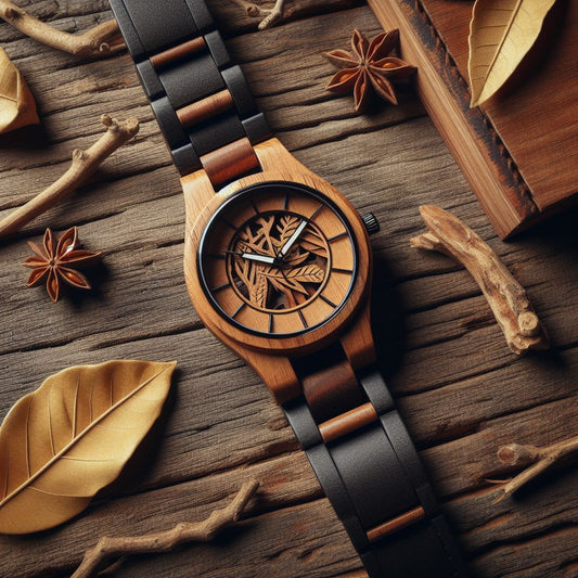 stylish wooden watch placed on a rustic wooden surface