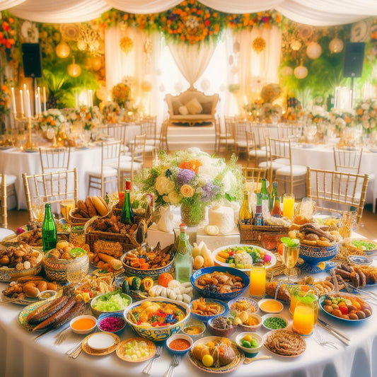 A beautifully decorated banquet table adorned with colorful Nigerian dishes.