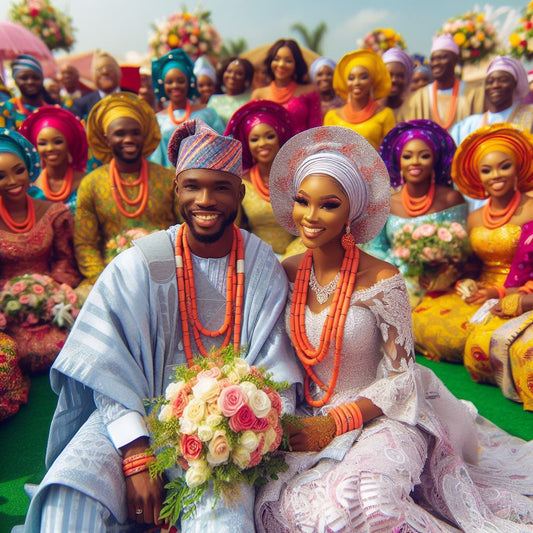 A bride adorned in a stunning gele headwrap and a groom dressed in a majestic agbada.