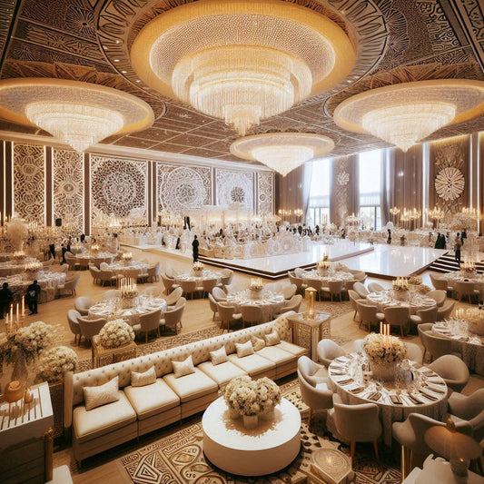 An elegant Nigerian wedding venue in Atlanta, featuring a grand ballroom with luxurious décor.
