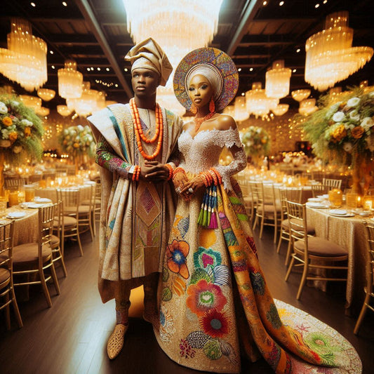 Nigerian couples in a beautiful wedding venue in Texas, decorated with a blend of traditional Nigerian and modern American elements.