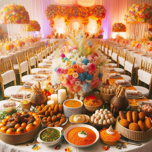 A beautifully decorated wedding table with traditional Nigerian dishes.
