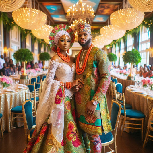 A vibrant Nigerian-American wedding scene.