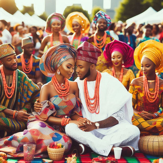 A vibrant community gathering in Atlanta with couples and families dressed in traditional attire, including agbadas, gele headwraps, and brightly colored fabrics.