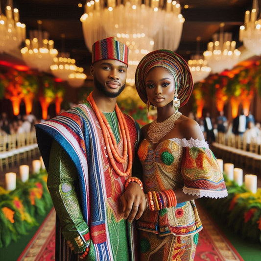 A vibrant wedding scene featuring a Nigerian couple in traditional attire.