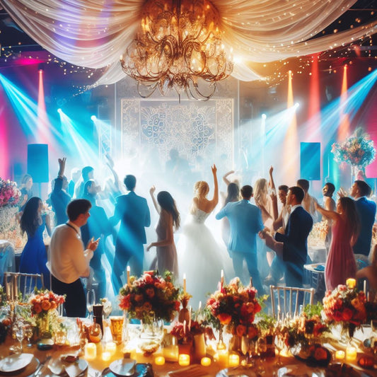 A lively wedding reception, with guests dancing joyously to the rhythm of Nigerian music.