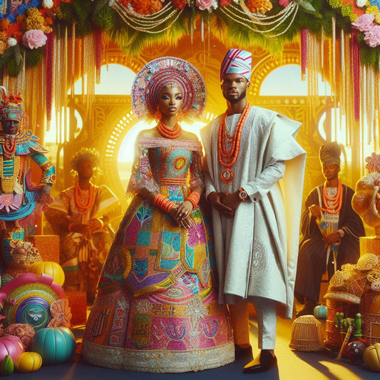 An elegant Nigerian couple stands hand in hand, dressed in traditional attire adorned with vibrant colors and intricate patterns.