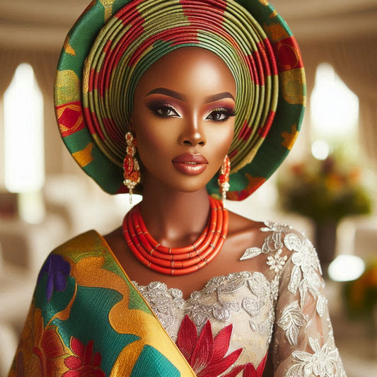 Nigerian bride in Texas, showcasing flawless makeup and a beautifully tied gele.