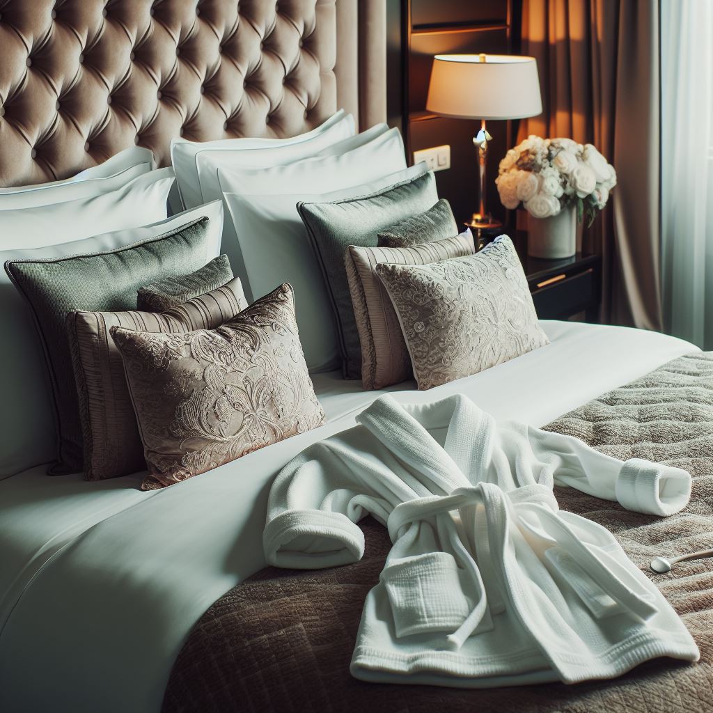 A luxurious hotel room with a comfortable bed adorned with premium pillows and a cozy bathrobe set neatly folded on the bed.