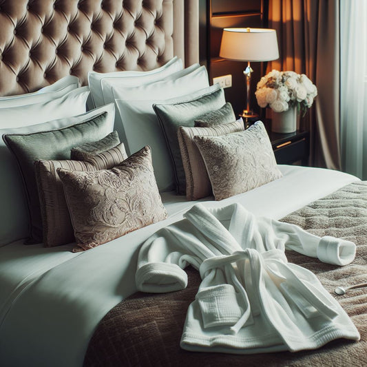 A luxurious hotel room with a comfortable bed adorned with premium pillows and a cozy bathrobe set neatly folded on the bed. 