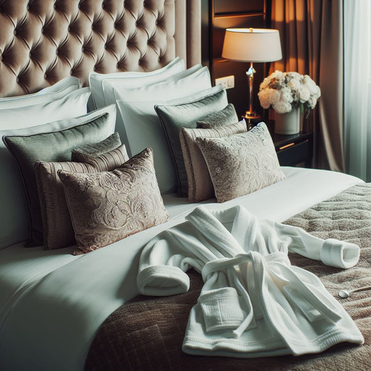 A luxurious hotel room with a comfortable bed adorned with premium pillows and a cozy bathrobe set neatly folded on the bed.