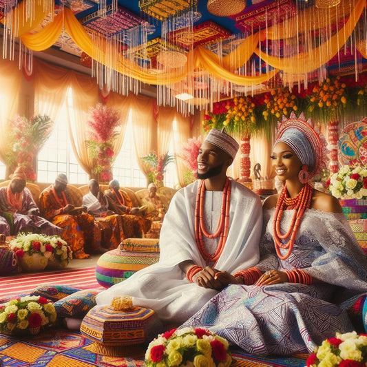 Nigerian engagement ceremony with a couple dressed in traditional Yoruba attire