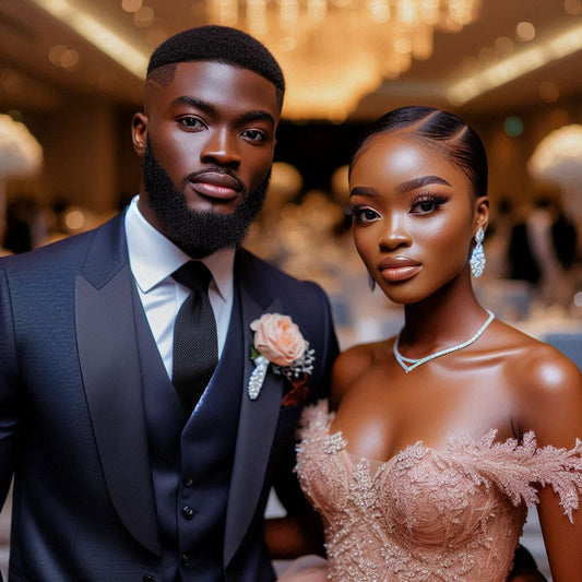 A well-dressed Nigerian couple at their wedding reception.