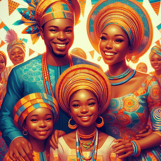 A vibrant image of a Nigerian-American family celebrating a cultural event.