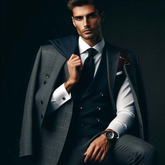 Confident and stylish man in a fitted suit, white shirt, and leather shoes, epitomizing timeless elegance in men's fashion.