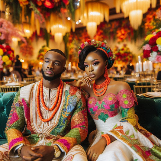 bride and groom sitting together in a beautifully decorated venue.