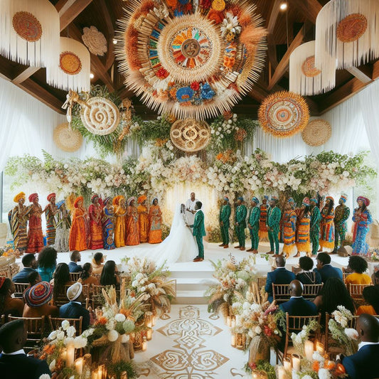 a beautifully decorated wedding venue with vibrant Nigerian cultural elements.