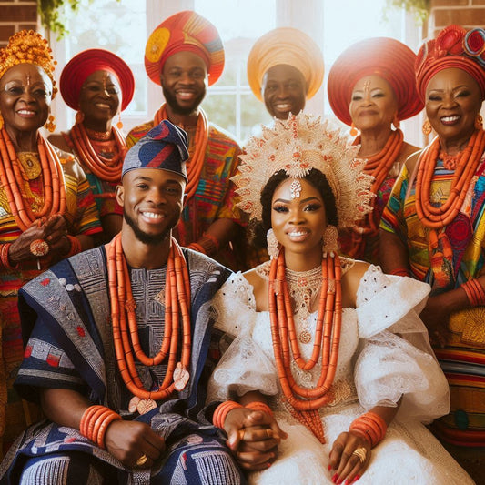 beautifully decorated wedding venue, adorned with colorful Nigerian fabrics and floral arrangements, alongside elegant American wedding décor.