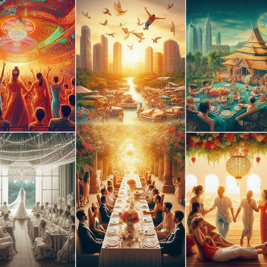 A collage featuring images of a vibrant one-day wedding celebration juxtaposed with scenes from a relaxed two-day wedding, highlighting the contrasting atmospheres of each.