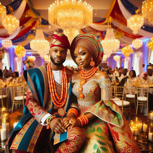 Nigerian couple in wedding hall.