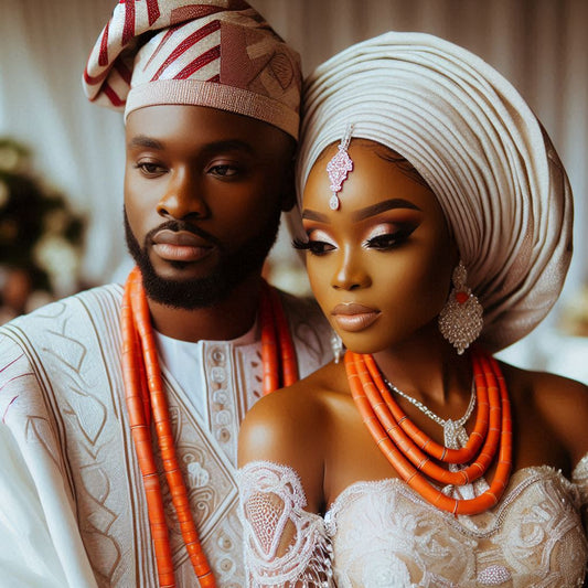 Nigerian wedding ceremony in Atlanta, featuring a couple dressed in traditional attire,