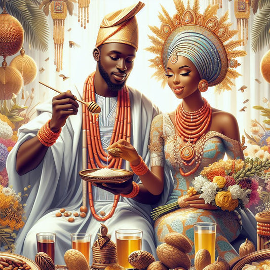 Nigerian couple dressed in traditional attire in Texas.