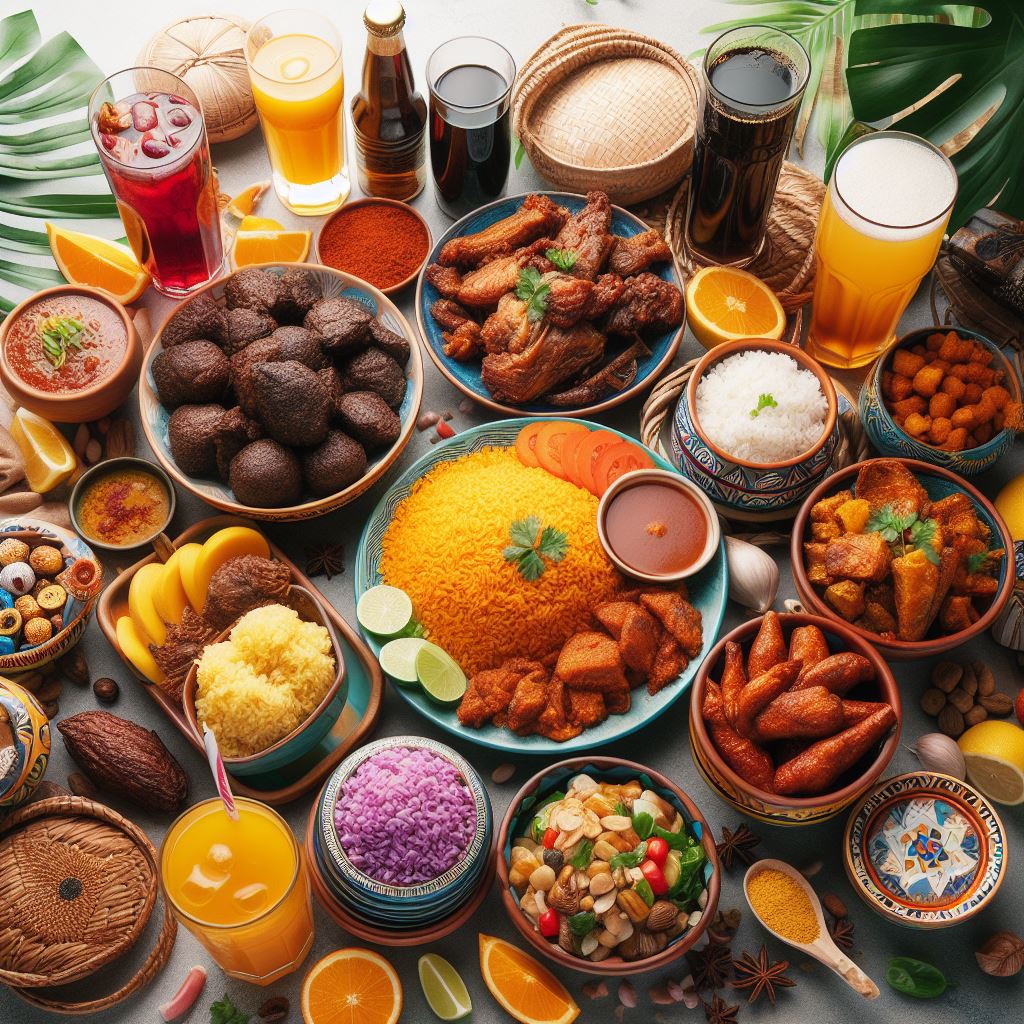An elegant banquet table adorned with colorful Nigerian and Texan dishes, including jollof rice, moi-moi, pecan pie, and chicken-fried steak.