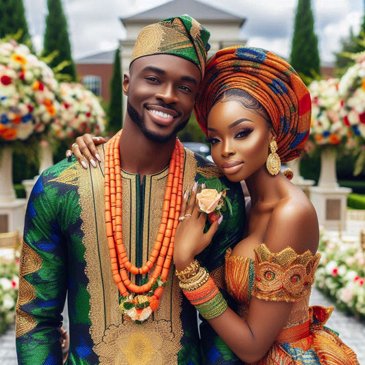 A joyful Nigerian couple dressed in traditional wedding attire of vibrant colors and intricate patterns that reflect their cultural heritage,