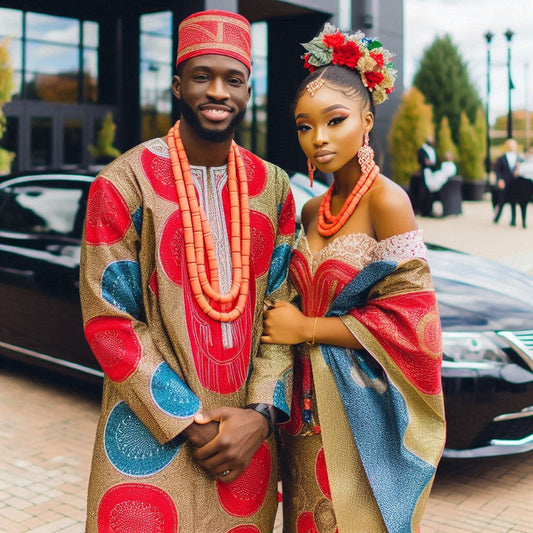 A Nigerian couple, dressed in traditional attire, stands before an immigration office in Atlanta.