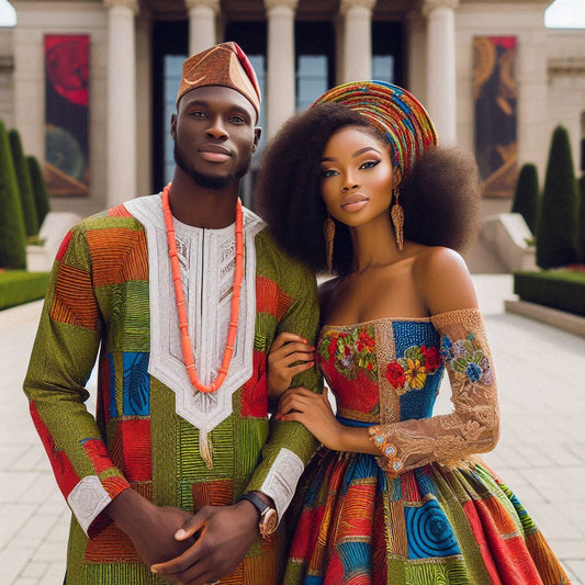 Nigerian couple in traditional wedding attire.