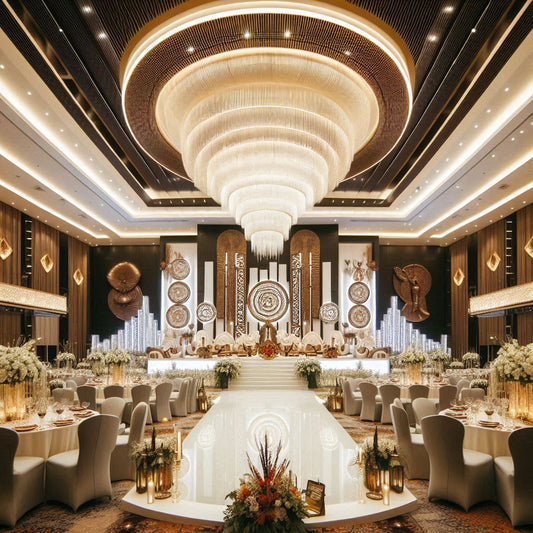 A grand wedding venue, elegantly decorated.