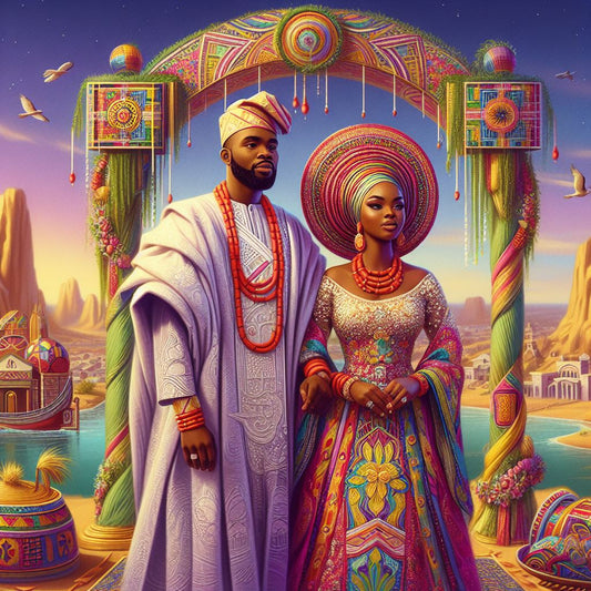 A bride adorned in a vibrant gele, intricately wrapped around her head, standing beside the groom in a majestic agbada, embroidered with intricate designs.