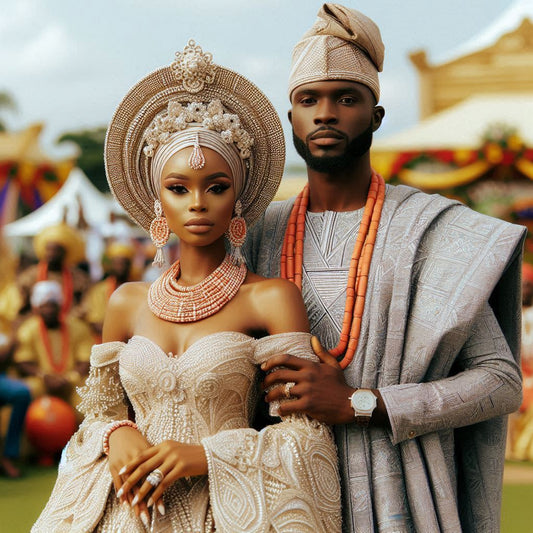 Nigerian bride and groom in traditional wedding attire.