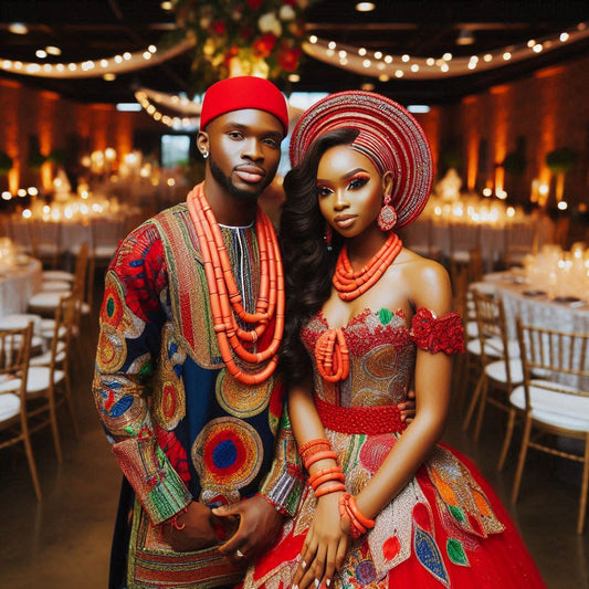 Nigerian Igbo couple dressed in traditional wedding attire.