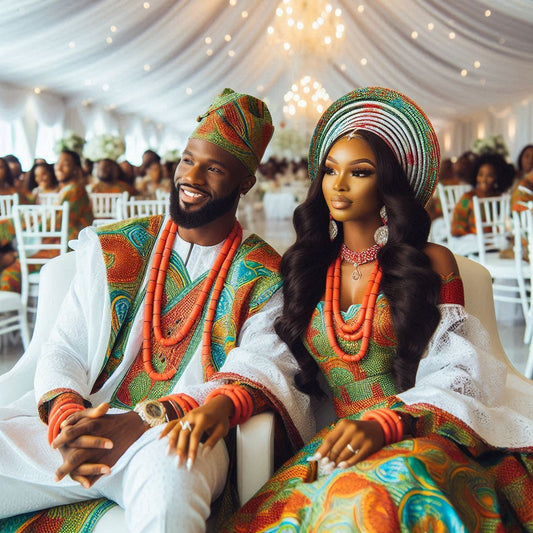A newlywed Nigerian couple in Texas, blending traditional Nigerian attire with modern Texan elements.