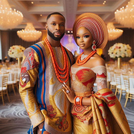 A Nigerian couple in traditional attire, standing in front of a grand wedding venue in Atlanta.