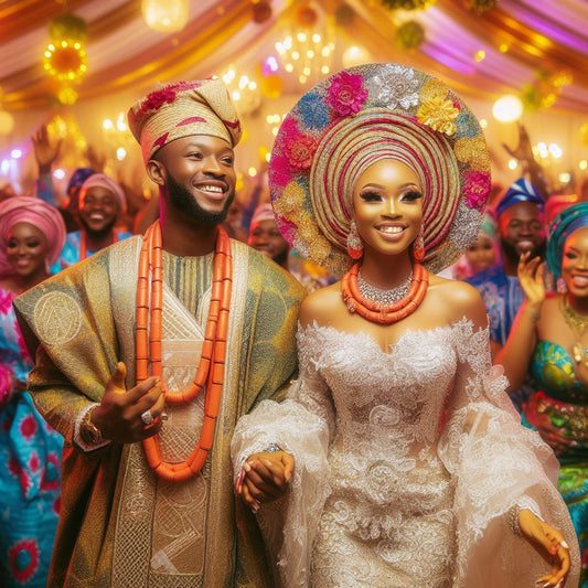 a radiant bride adorned in a vibrant gele headwrap and intricately embroidered lace gown, standing beside her groom in a regal agbada ensemble.