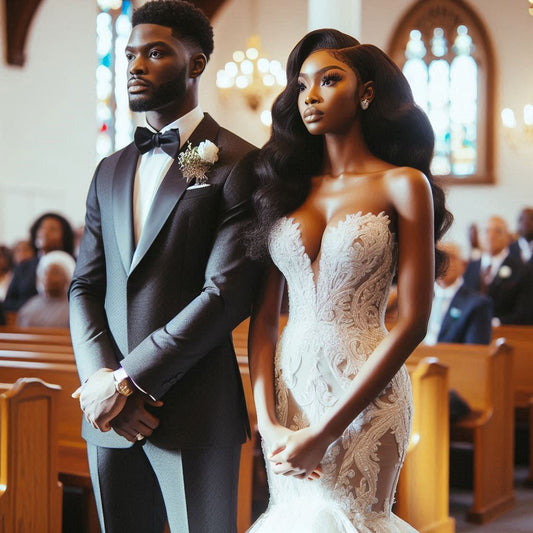 Nigerian couple about to exchange vows at a beautifully decorated church in Atlanta.
