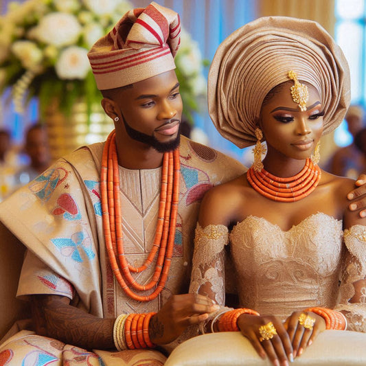 Vibrant Nigerian wedding scene in Atlanta, showcasing a couple in traditional attire.