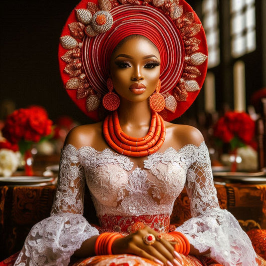 A radiant bride in a traditional Igbo wedding attire, featuring a vibrant George wrapper and blouse set, adorned with intricate embroidery.