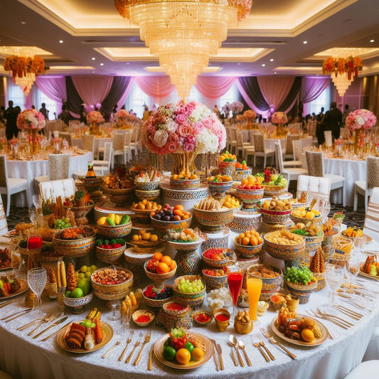 An elegant wedding reception table adorned with colorful Nigerian dishes.