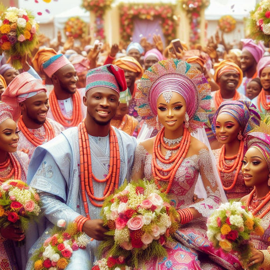 A traditional Nigerian wedding ceremony, with the bride and groom adorned in vibrant attire and surrounded by family and friends.