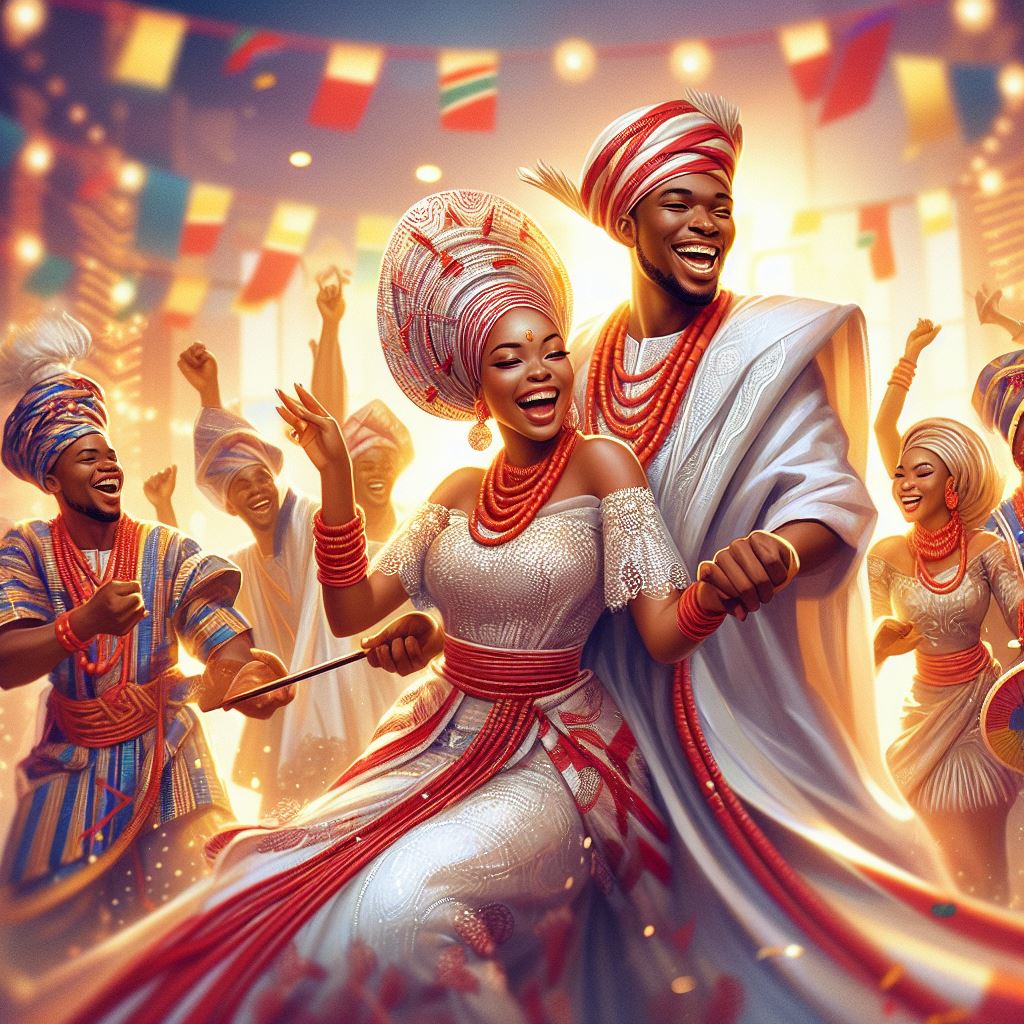 Lively Nigerian wedding scene with a couple in traditional attire dancing joyfully.