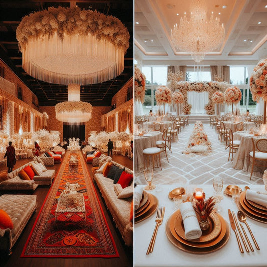 A split-screen comparison: one side showing a lavish Nigerian wedding with traditional decor and attire, and the other side displaying a modern wedding setting in Atlanta, with elegant but simpler decor and attire.