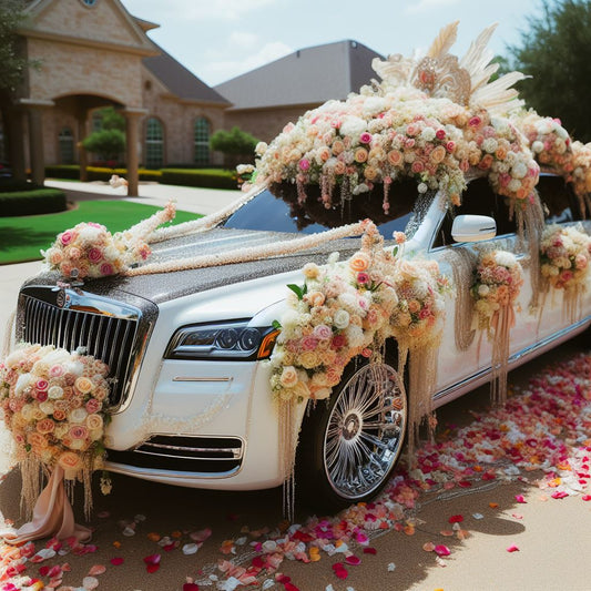 The image shows a luxurious, well-decorated shuttle bus with colorful Nigerian motifs. Guests, dressed in vibrant traditional attire, are boarding the bus, smiling and chatting, with a scenic Texas landscape in the background for a wedding.