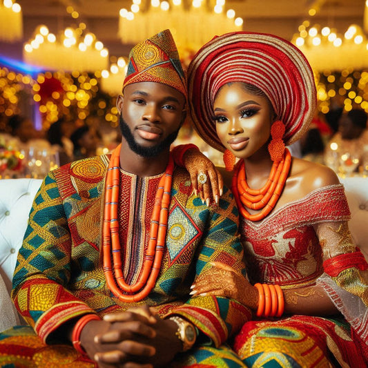 Nigerian couple dressed in vibrant traditional attire, in a beautifully decorated venue in Atlanta.