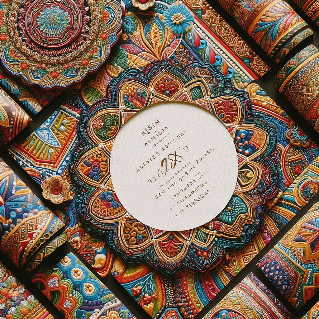 A colorful wedding invitation adorned with intricate Nigerian patterns and symbols, reflecting the cultural richness of a Nigerian wedding in Texas.