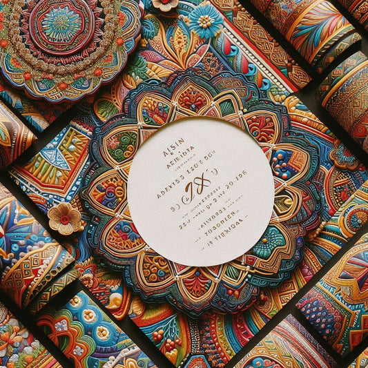 A colorful wedding invitation adorned with intricate Nigerian patterns and symbols, reflecting the cultural richness of a Nigerian wedding in Texas.